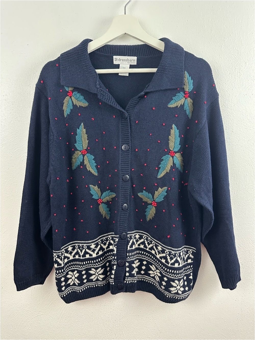Vintage Dressbarn Navy Embroidered Holiday Cardigan Sweater Women's Size 14/16
